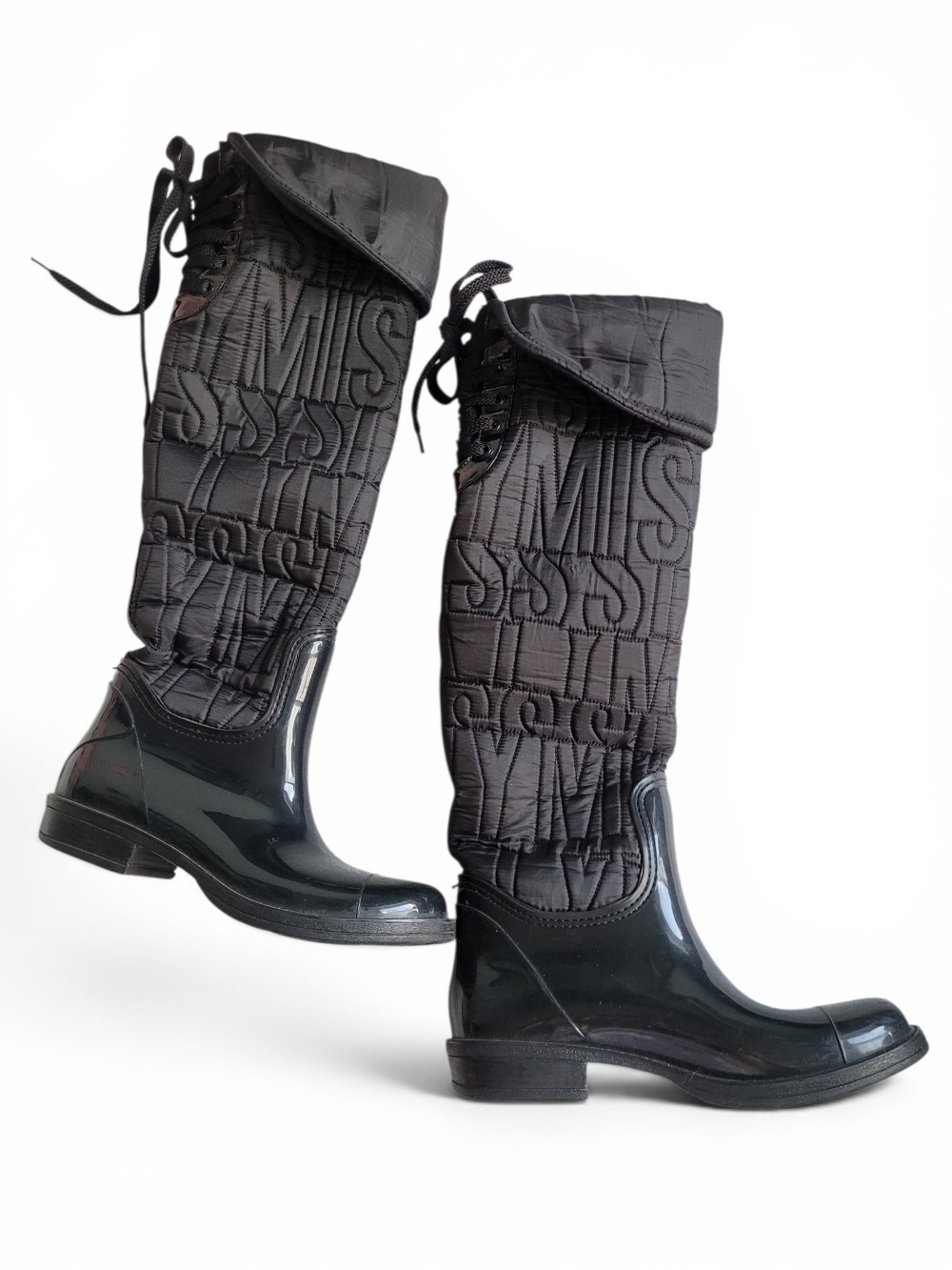 Miss Sixty Black Quilted Over-the-Knee Rain Boots with Lace-up Cuff 39
